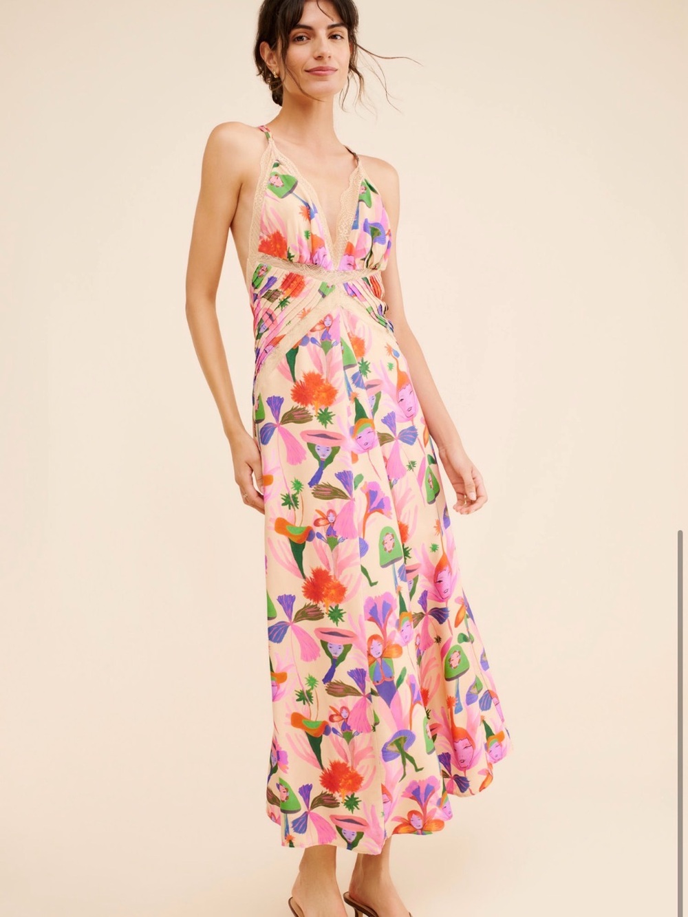 Pink Floral Spaghetti-Strap Maxi Dress with plunging Neckline